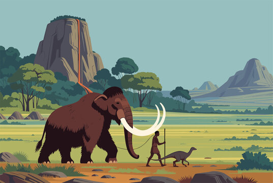 Prehistoric landscape featuring a massive woolly mammoth a hunter with a spear and a small dinosaur near a volcano.