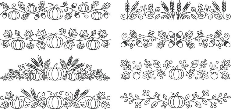 Hand Drawn Autumn Harvest Border Collection with Pumpkins Wheat Leaves and Botanical Decorative Vector Elements