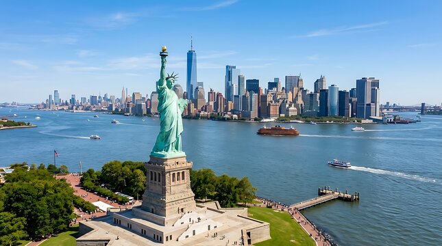 An aerial view of the statue of liberty on liberty island with the new york city skyline and harbor visible under a clear blue sky on a sunny summer day