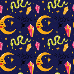 Fototapeta premium Halloween themed vector seamless pattern with groovy funky witchy aesthetic cartoon illustration of spooky magical witchcraft objects, moon, crystals, snake