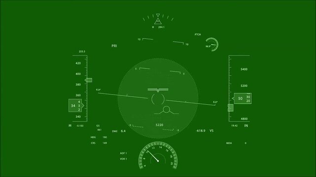 Airplane Cockpit HUD Interface on Green Screen Background, Animated Aircraft Flight Instrument Dashboard Display with Altitude, Speed Radar and Navigation Graphic Elements