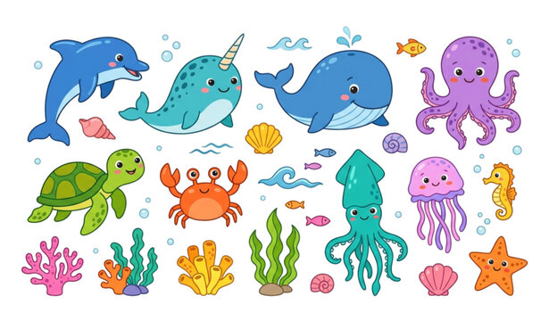 Adorable Ocean Animal Characters Flat Vector Illustration Collection