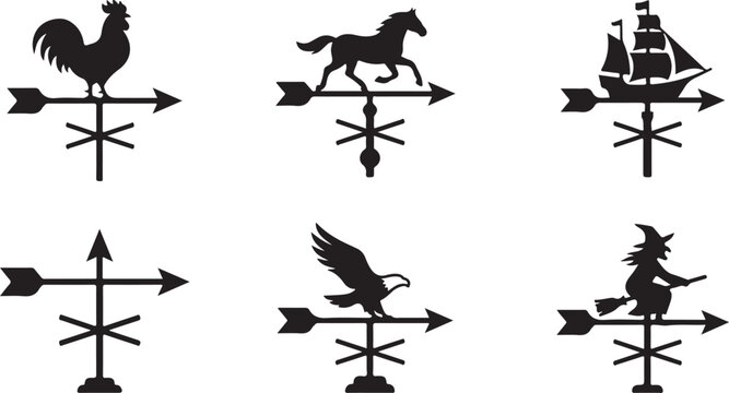 Black and white weather vane icons with animals and objects Vector