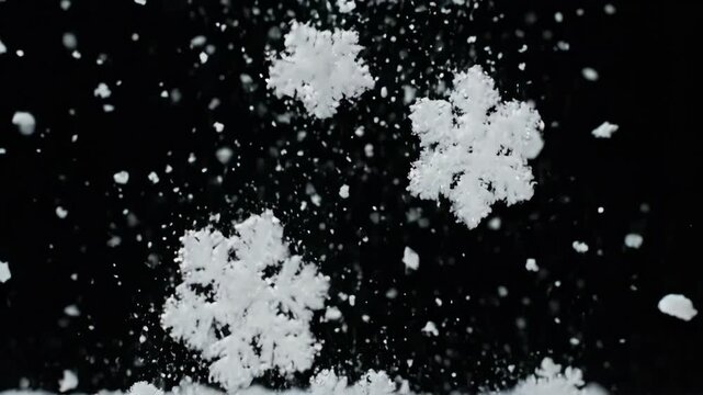 Close-up of Falling Snowflakes on Dark Background.