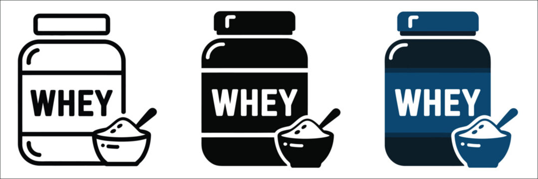 Whey protein jar icon featuring flat design for protein powder packaging, fitness supplements, nutrition branding, health labels, and retail marketing vector, designs
