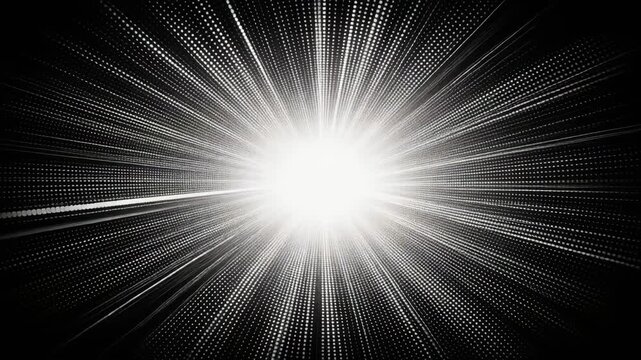 Bright white explosion with radial lines and halftone dots on a black background