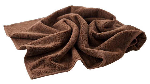 Crumpled Brown Cotton Towel Isolated on White Background, Soft Terry Cloth Microfiber Fabric