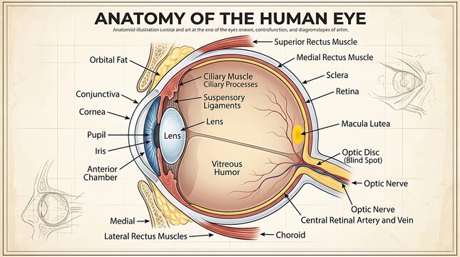 Anatomy of the human eye diagram with labeled parts education vitreous