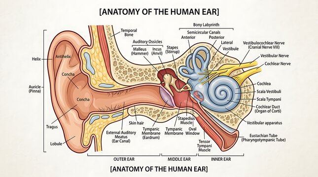 Anatomy of the human ear diagram with ear canal ear lobe ear wax ear bone