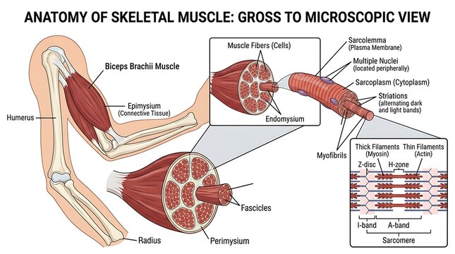 Anatomy of skeletal muscle from gross to microscopic view with muscle structure