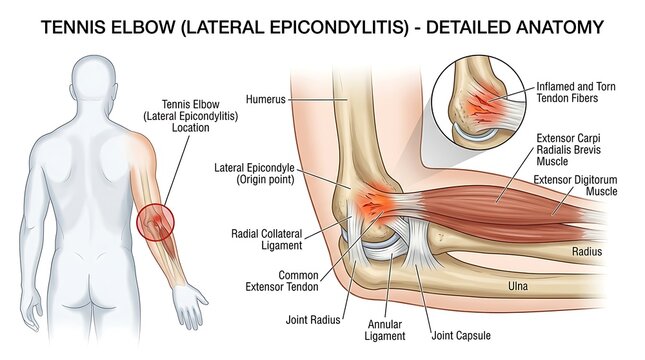 Tennis elbow lateral epicondylitis detailed anatomy diagram with epicondylitis