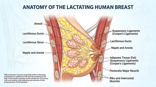 Anatomy of the lactating human breast with detailed labels lactating lactation