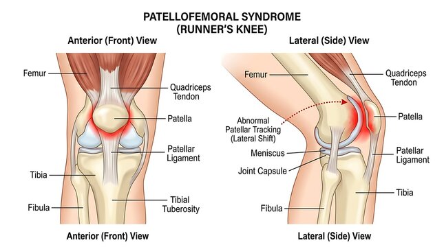 Anatomical diagram of patellofemoral syndrome or runner's knee showing knee