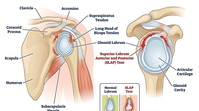Anatomical illustration of the shoulder joint showing rotator cuff tear