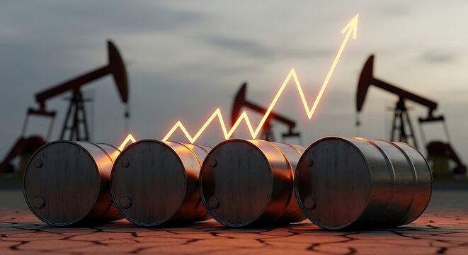 Oil prices rising with oil derricks and barrels against a dramatic sky