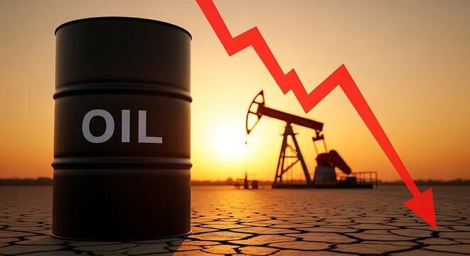 Oil barrel with declining graph and oil pump at sunset representing energy crisis