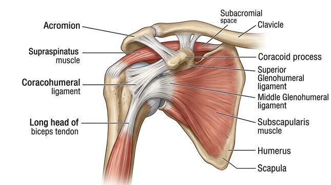 Anatomy of the shoulder joint showing muscles and bones with shoulder, clavicle