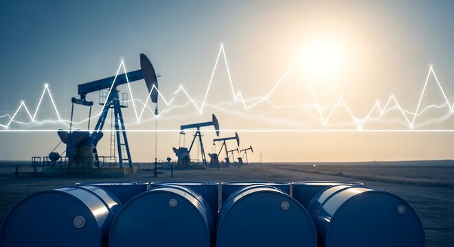 Oil pumps and barrels with financial chart overlay at sunset representing energy industry
