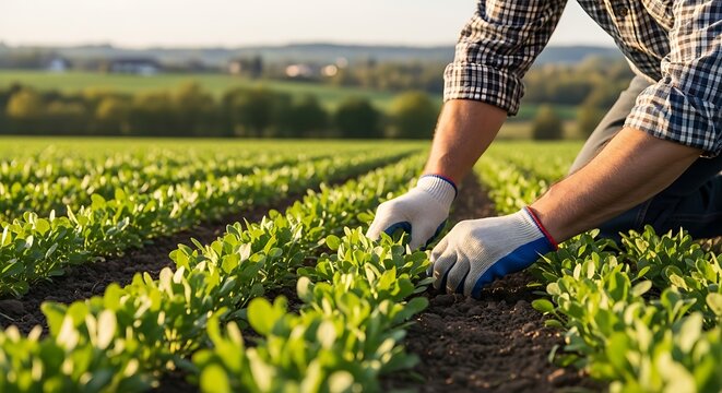 Farmer tending to young lettuce plants in a field with a blurred landscape background