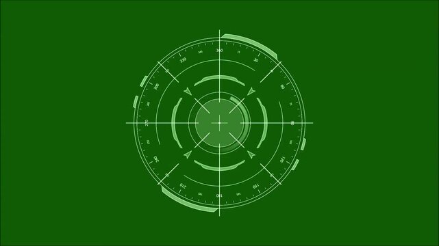 Futuristic HUD crosshair target scope on green screen, sci-fi viewfinder interface loop with compass and aiming elements for video