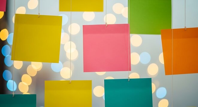 Colorful rectangular paper cards hanging from strings with blurred bokeh lights background