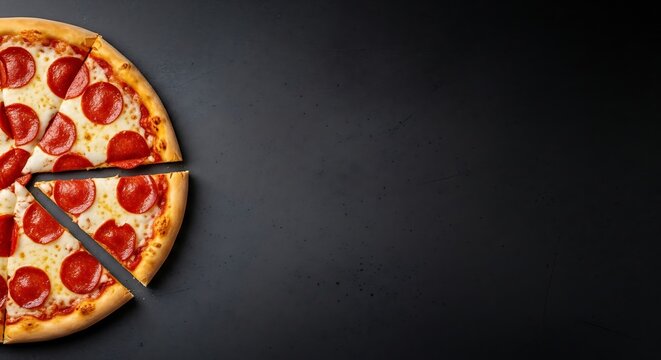 Pepperoni pizza with three slices on a dark background delicious italian food closeup