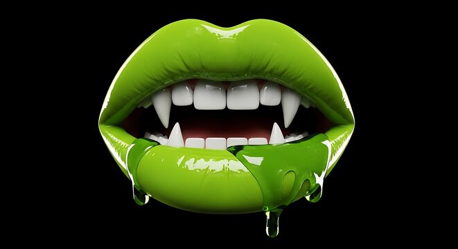 Bright green vampire lips with dripping slime and sharp teeth in a 3d render