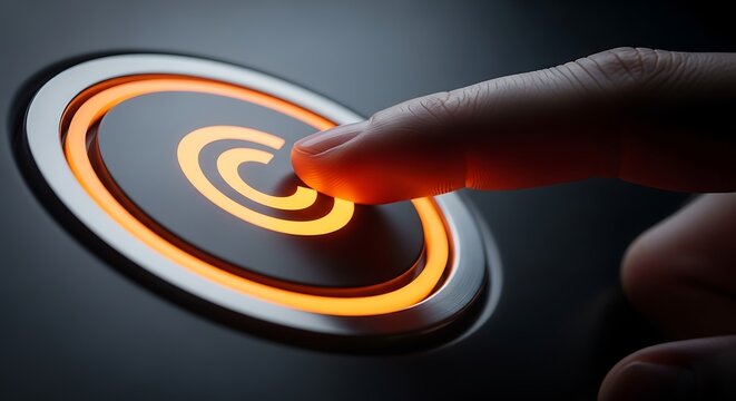 Close up of a finger pressing a glowing orange circular button with concentric rings