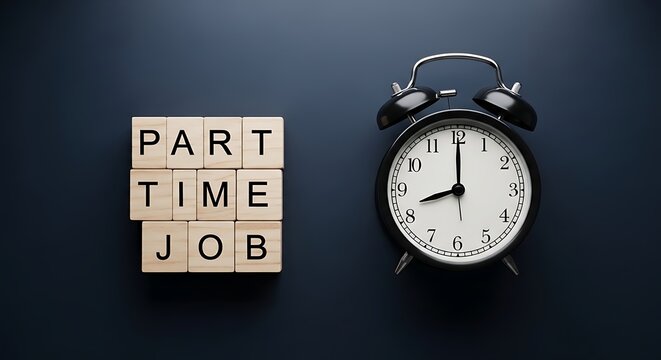 Part time job concept with wooden blocks and a classic alarm clock on dark background