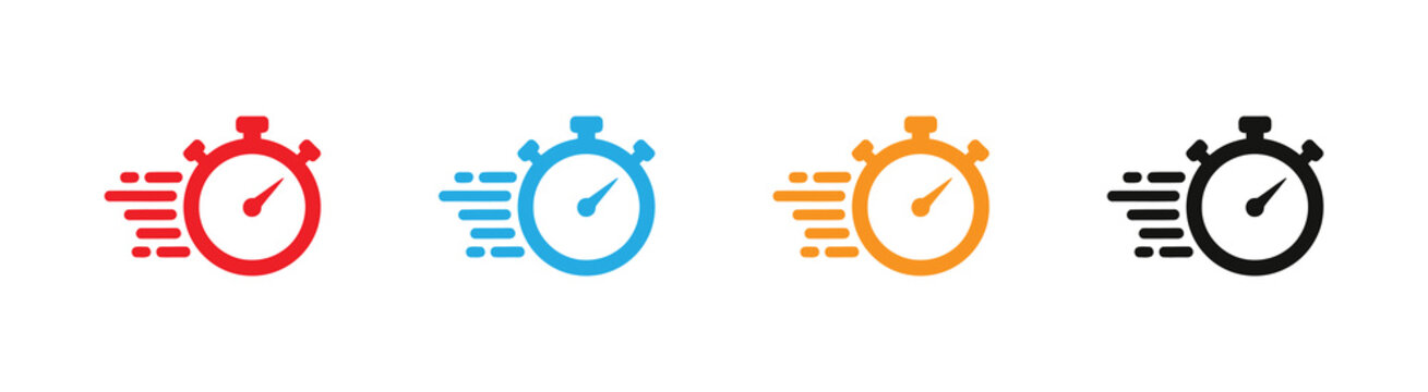 Stopwatch Vector Icons Fast Delivery and Quick Service  Set .Express Speed Timer Symbol for Fast Shipping and Logistics .Chronometer Icon Set with Motion Lines Representing Time Efficiency.