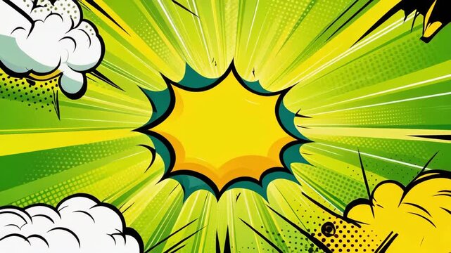 Bright green and yellow comic-style radial burst with halftone dots