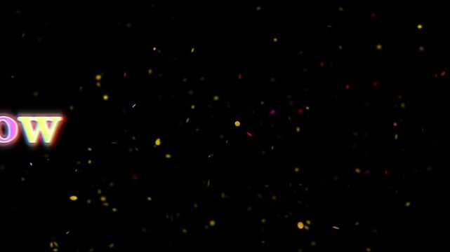Neon glowing text effect on black background. Abstract digital typography with light particles.