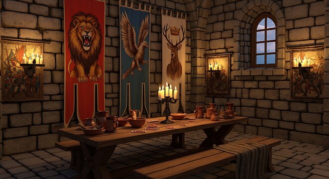 Medieval Castle Dining Room with Candlelit Ambience.