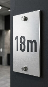 Modern Brushed Metal Room Number Sign 18m Mounted On Dark Wall