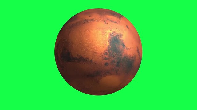 Planet Mars Rotating on Green Screen Chroma Key Background, Realistic 3D Red Planet Sphere Globe Spinning in Space for Science Fiction and Astronomy Projects