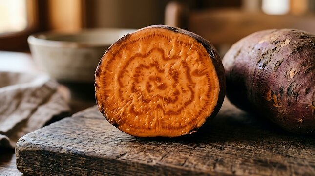 Sliced sweet potato interior detail on wooden cutting board with bowl