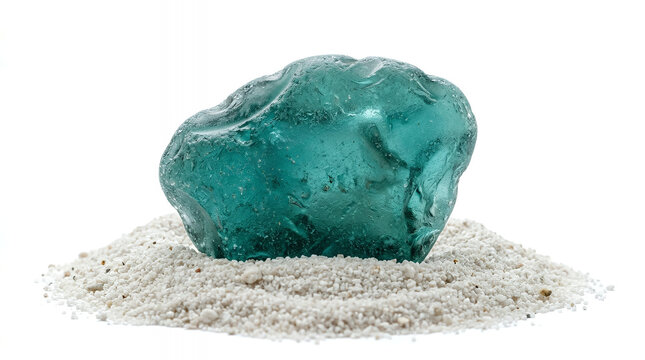Rough turquoise sea glass on white sand isolated on white