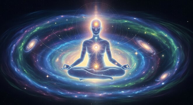 Meditating person silhouette with glowing chakras in a cosmic galaxy background.