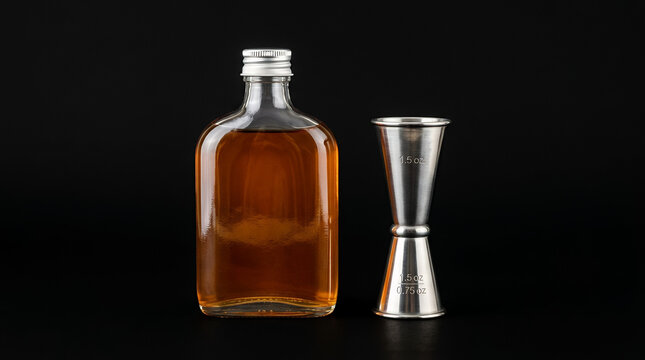 Amber liquor flask and steel cocktail jigger on black background