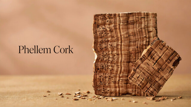 Phellem cork pieces on beige surface with scattered fragments and brown background