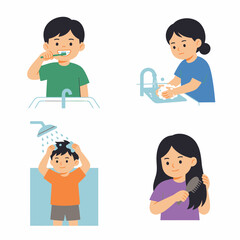 Fototapeta premium Group of People Performing Daily Morning Personal Hygiene and Self Care Routine Tasks Icons