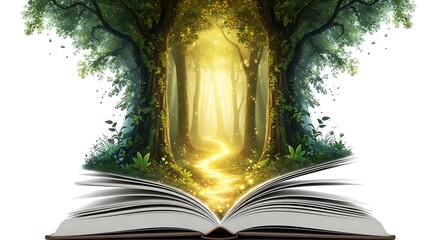 Magical open book with a glowing enchanted forest emerging from pages. © Rama