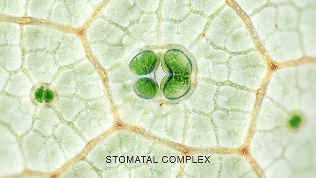 Plant stomatal complex under microscope showing green chloroplasts and cell structure