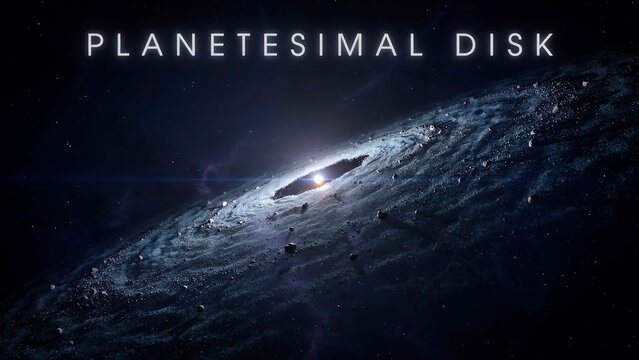 Planetesimal disk in outer space with bright light and stars  celestial body formation  astronomy concept