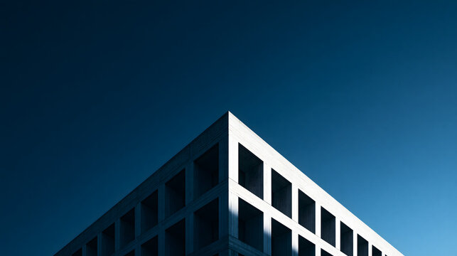 Low angle view of modern brutalist concrete building corner against a clear blue sky