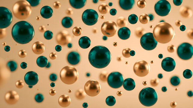 Abstract 3d background with floating glossy emerald green and gold spheres