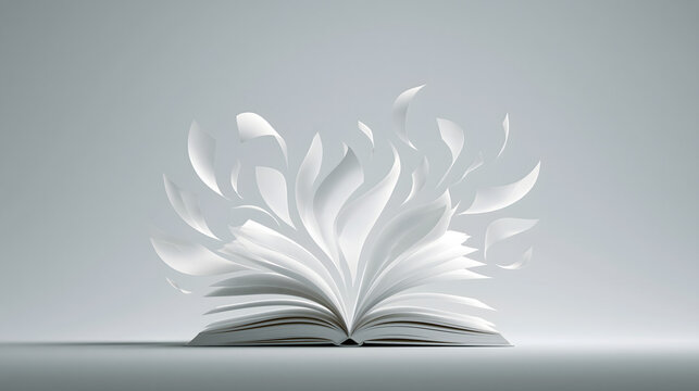 Creative concept of open book with white blank pages exploding and floating in the air
