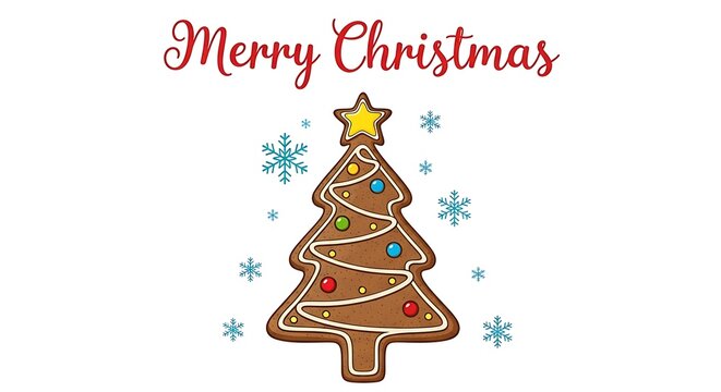Merry Christmas greeting card with a decorated gingerbread cookie shaped like a pine tree.