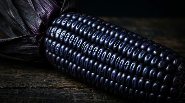 Fresh purple corn on wooden table with husk peeled halfway