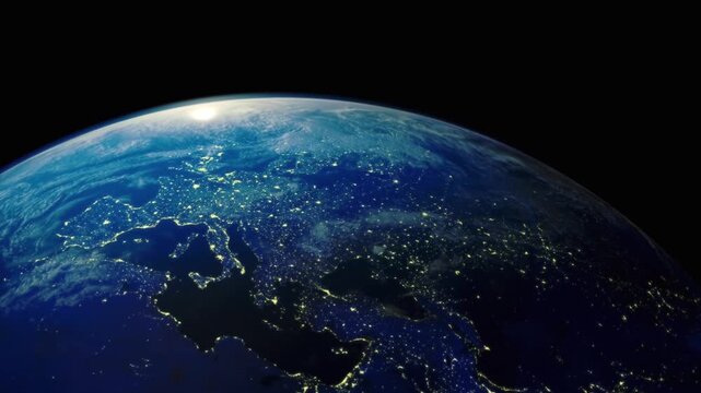 Realistic rotating earth at night showing city lights from space, 3D planet globe loop with clouds and dark background for sci-fi and news VFX background